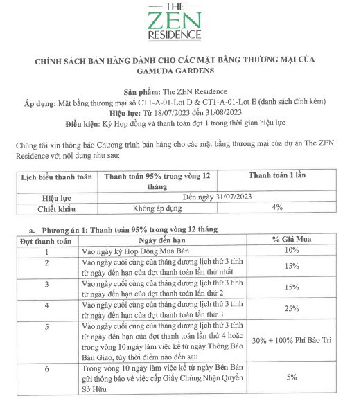 Chính sách bán hàng Shop chân đế tòa The Zen Residence Gamuda