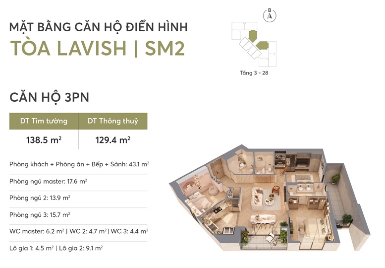 Căn hộ 3PN 129.4m2 dự án chung cư Greenera Southmark tại 486 Ngọc Hồi, cửa ngõ phía Nam Hà Nội, Chủ đầu tư Tân Hoàng Minh