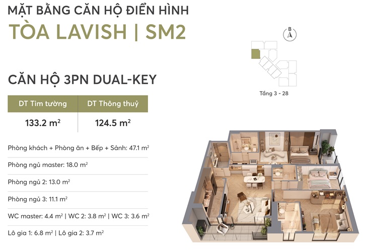 Căn hộ 3PN Dual-key 124.5m2 dự án chung cư Greenera Southmark tại 486 Ngọc Hồi, cửa ngõ phía Nam Hà Nội, Chủ đầu tư Tân Hoàng Minh