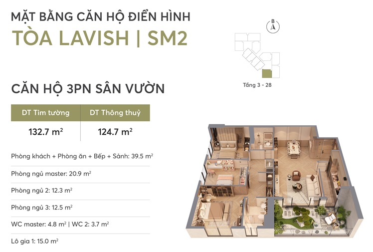 Căn hộ 3Pn 124.7m2 dự án chung cư Greenera Southmark tại 486 Ngọc Hồi, cửa ngõ phía Nam Hà Nội, Chủ đầu tư Tân Hoàng Minh
