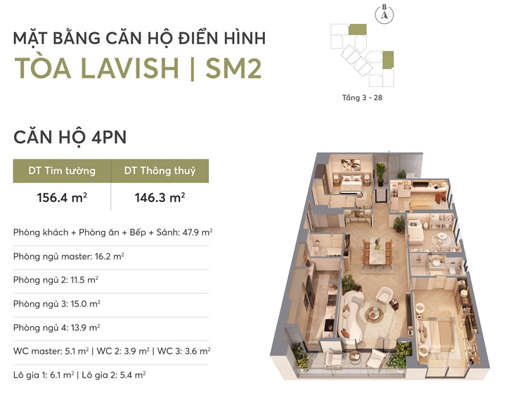 Căn hộ 4PN 146.3m2 dự án chung cư Greenera Southmark tại 486 Ngọc Hồi, cửa ngõ phía Nam Hà Nội, Chủ đầu tư Tân Hoàng Minh