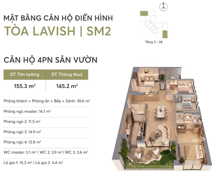 Căn hộ 4Pn Sân Vườn 145.2m2 dự án chung cư Greenera Southmark tại 486 Ngọc Hồi, cửa ngõ phía Nam Hà Nội, Chủ đầu tư Tân Hoàng Minh