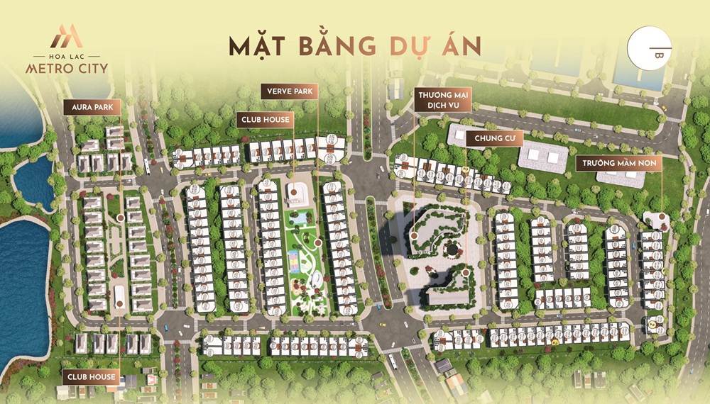 Mặt bằng Dự án Metro City Hòa Lạc có tổng 192 căn biệt thự liền kề, shopouse và 1 tòa văn phòng, 1 tòa chung cư