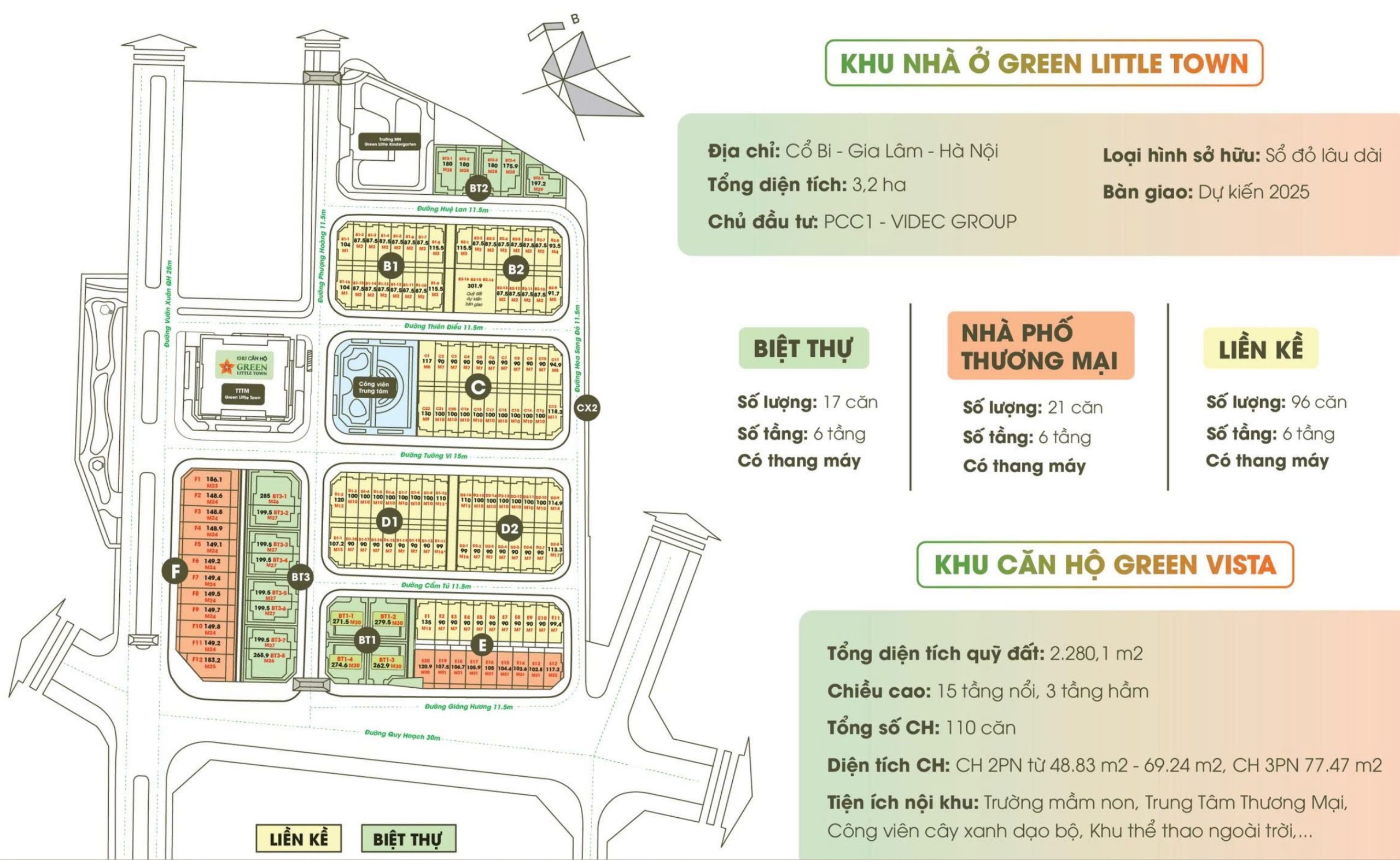 Mặt bằng Green Little Town Cổ Bi Gia Lâm Hà Nội hơn 2,5 ha mở bán khoảng 134 căn nhà phố liền kề biệt thự, căn hộ chung cư