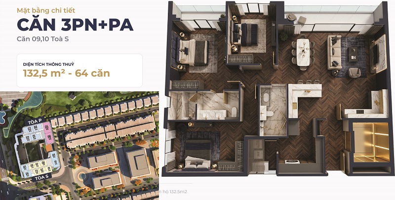 Căn 3 phòng ngủ + PA tòa S Maison Privée