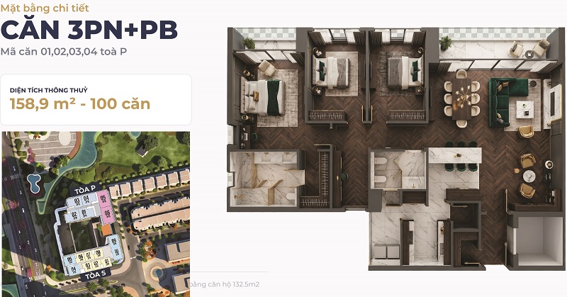 Căn 3 phòng ngủ PB tòa P 158.9m2 Maison Privée
